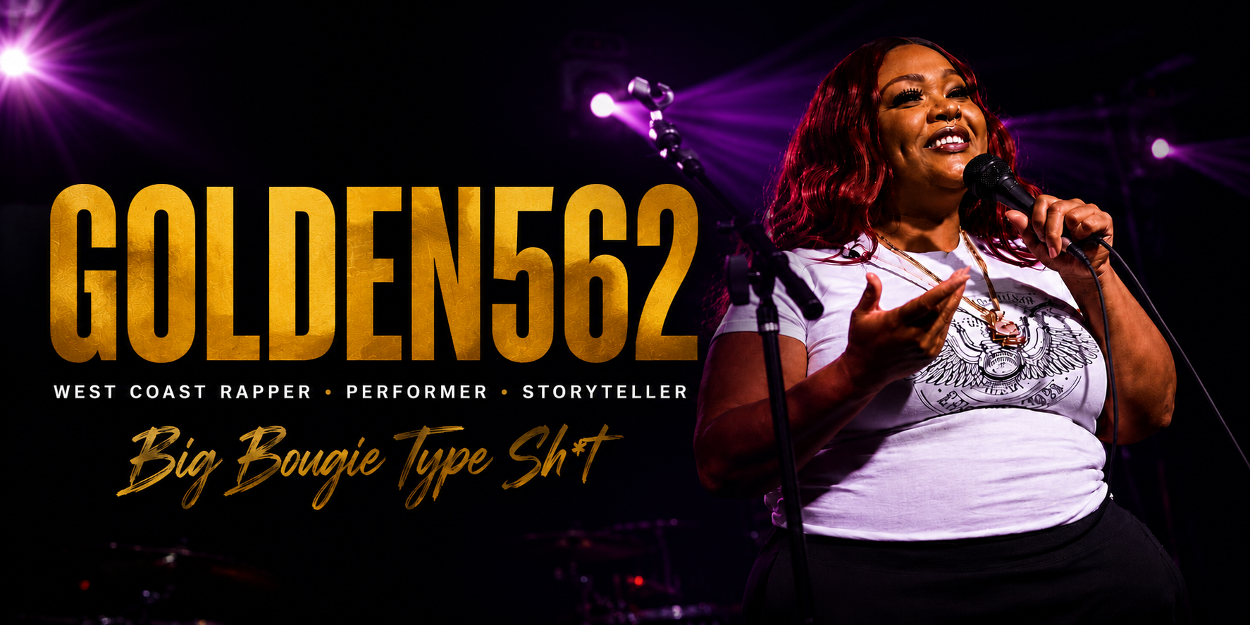 Golden562 performing live on stage with purple lights during a Westcoast hip hop performance at the Valley Rox. 